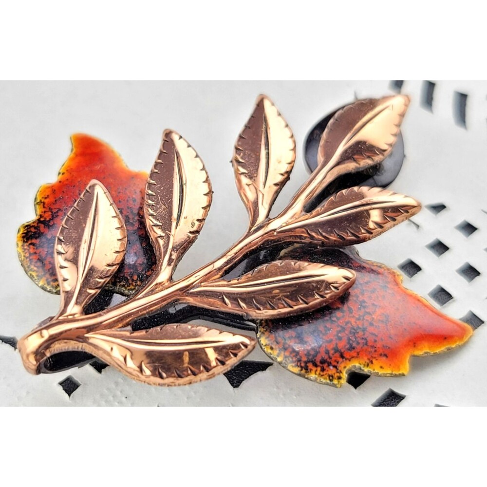 Vintage MCM Signed Renoir Matisse Red Orange Enamel Copper Leaf Brooch Pin 2"